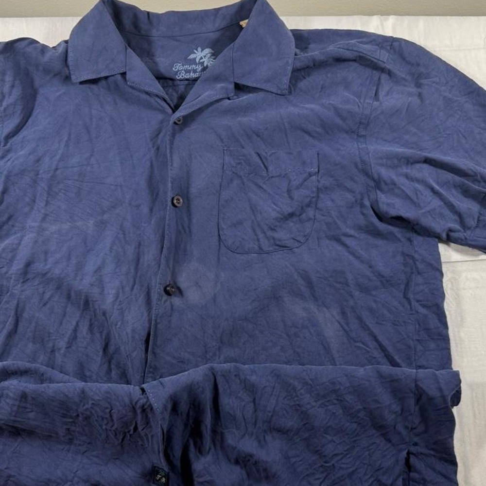 Tommy Bahama Mens Navy Blue 100% Silk Short Sleeve Button Down Camp Shirt Medium